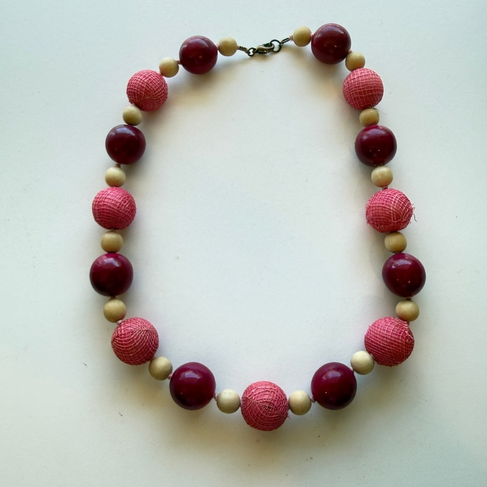 Vintage Chunky Mixed Media Bead Necklace Burgundy Pink Wood Mesh Statement